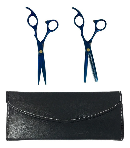 Kit Tijera Filo Navaja + Pulir Barbero Peluqueria 6 Azul 9c