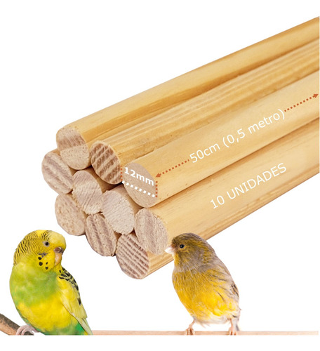 Poleiro Para Calopsita De Madeira 50cm X 12mm Com 10 Unidade