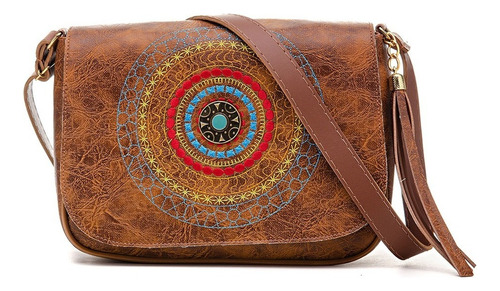 Bolsa Feminina Mandala Bordada Pequena Transversal Ziper Cor Caramelo