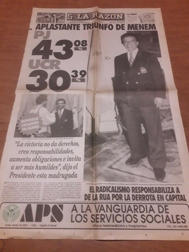 Tapa Diario La Razón 04 10 1993 Elecciones Menem Triunfo Pj 