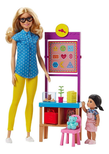 Conjunto Playset Boneca Barbie Loira Profissões Quero Ser Professora Do Jardim De Infância Do Colégio Escola - Com Menina Aluna E Acessórios De Sala De Aula - Mattel Brinquedos