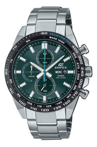 Relógio de pulso analógico Casio EFR-574DB-3AVUDF para homens, fundo verde, com pulseira de aço inoxidável prateado, moldura preta e dobrável