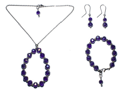 Conjunto Collar/dije, Pulsera Y Aros En Cristal Violeta 