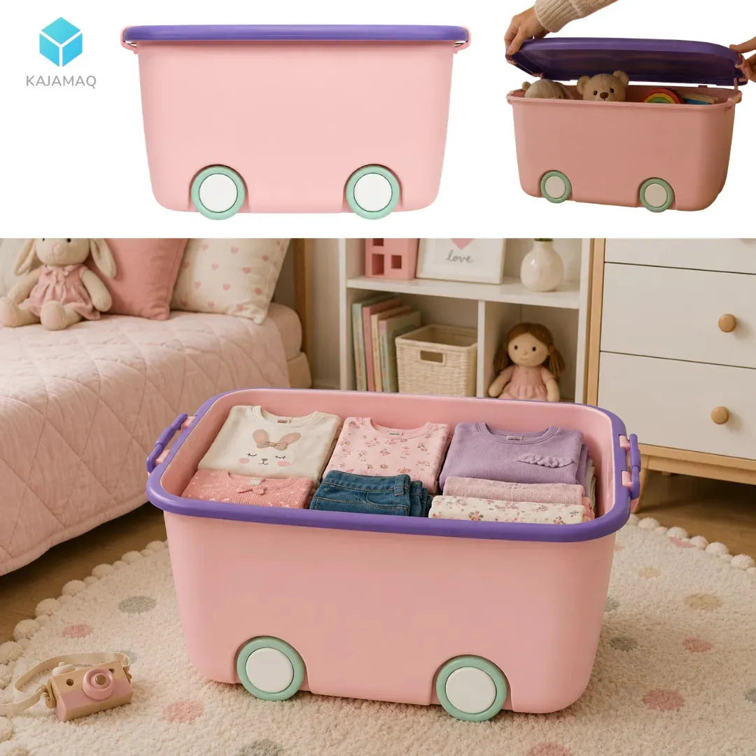 Baú Organizador Infantil Rosa para Brinquedos e Roupas com Tampa, Rodas e Fechadura
