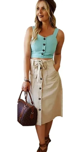 Saia midi de linho sales com botao na frente