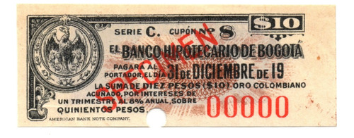 Cupón Espécimen Banco Hipotecario De Bogotá