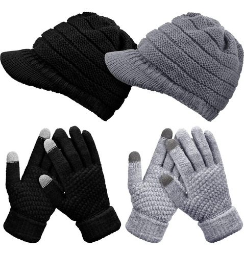 2 Conjuntos Sombreros Invierno, Guantes Mujer, Gorro Punto,