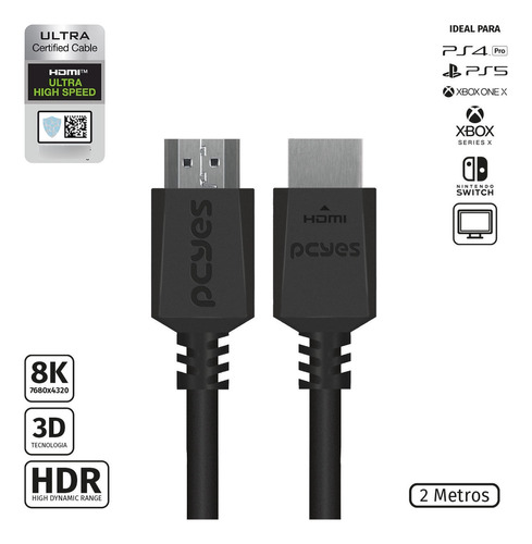 Cabo Hdmi Ultra 2.1 28awg Puro Cobre 4k 8k  2 Metros Phm8k-2