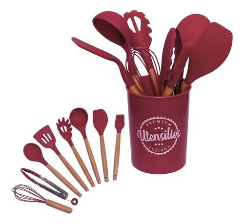 Kit 9 Utensílios De Cozinha Silicone Cabo Madeira Coloridas