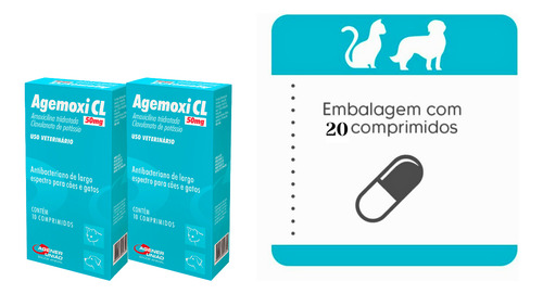 Kit 2 Agemoxi Cl 50mg 20 Comprimidos Antibiótico Cães/gatos