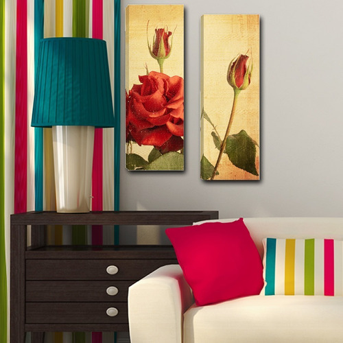 Imagem 2 de 5 de Par De Quadros Tela Pintura Floral Vermelho 20x60 R1