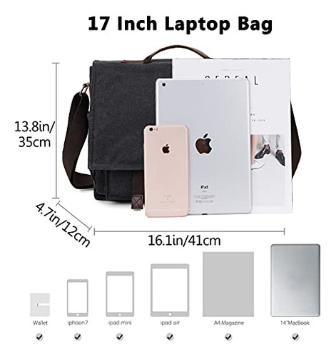 Bolso Mensajero Hombre, Vintage 17puLG Laptop, Gris.