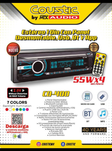 Estereo Un Din Coustic 7 Colores Co-400.