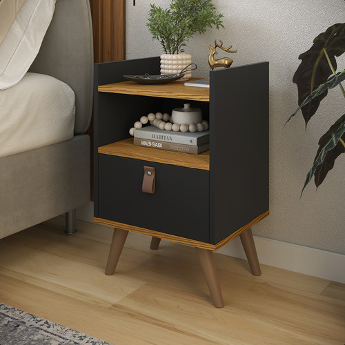 Mesa De Cabeceira Nicho Quarto Casal Decoração Retro Preto/freijó Gama
