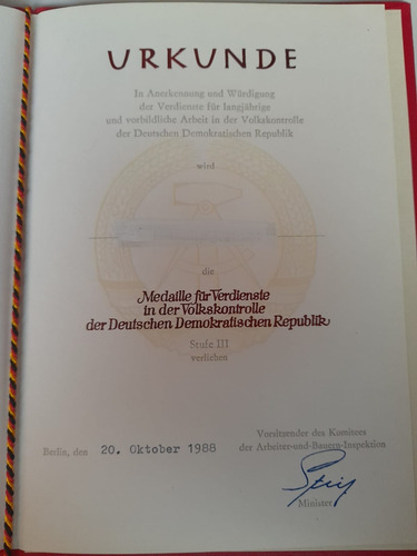 Medalla Alemania Ddr Servicios En Control Popular. (Usado)