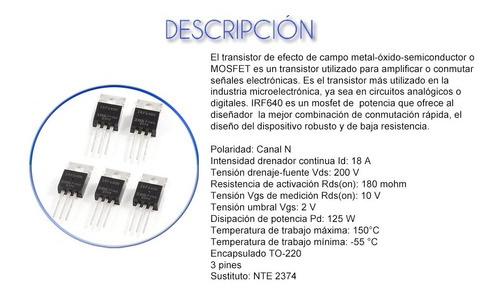 Imagen 3 de 6 de Irf640n Irf640 Mosfet De Potencia 200vol 18a To220 10 Piezas