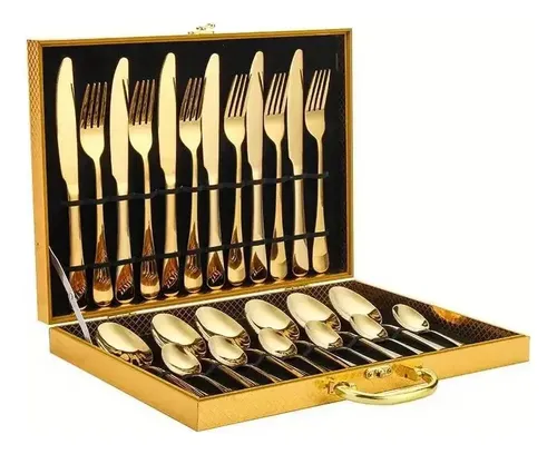 Kit Faqueiro Dourado Luxo Jogo Talheres Inox 24pçs + Maleta - R$ 76