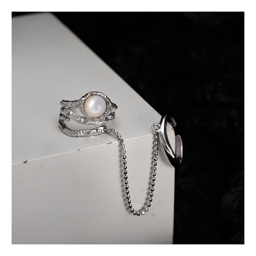 Doble Anillo Con Cadena Perla 8mm Plata S925 Moda Mujer