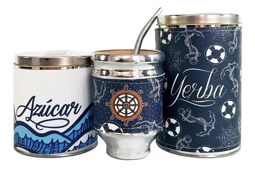 Imagen 2 de 10 de Kit Matero Neceser Marinero Yerbera Azucarera Mate Madera