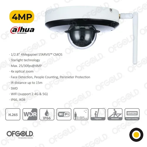 Domo Ptz Ip Wifi Dahua Starlight 4mp H.265+ Wdr, Ivs Smd+ 4x