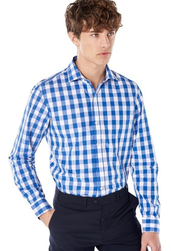 Camisa Hombre Bensimon Slim Fit Cuadrille Azul Claro Pre