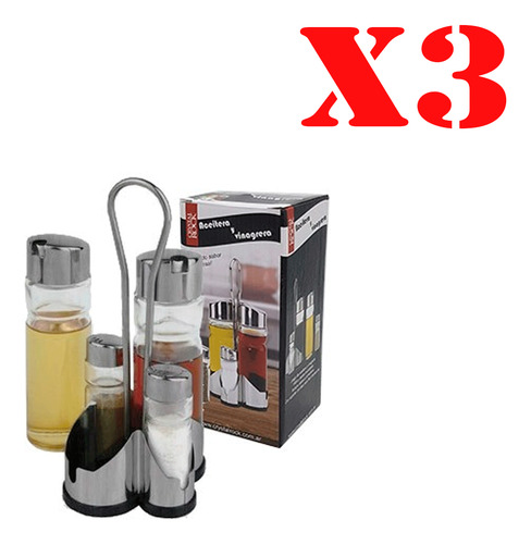 Combo X3 Juego Set Aceitera Y Vinagrera De Vidrio Con Salero