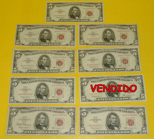 Ccc2 Billetes 5 Usa Dollar Sello Rojo 1963 Lote (Usado)