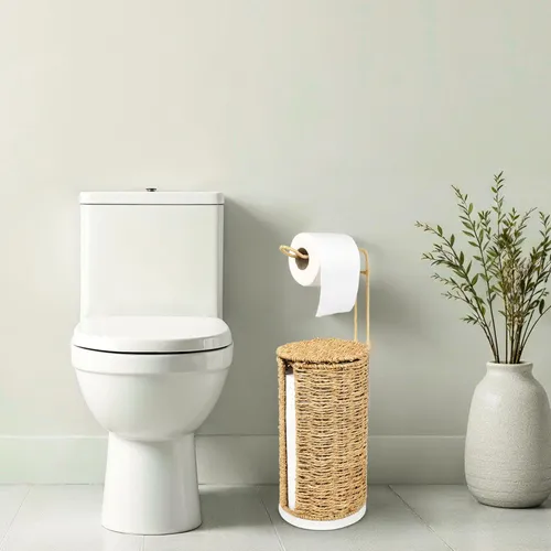 Soporte De Papel Higiénico De Mimbre Independiente Con Tapa,