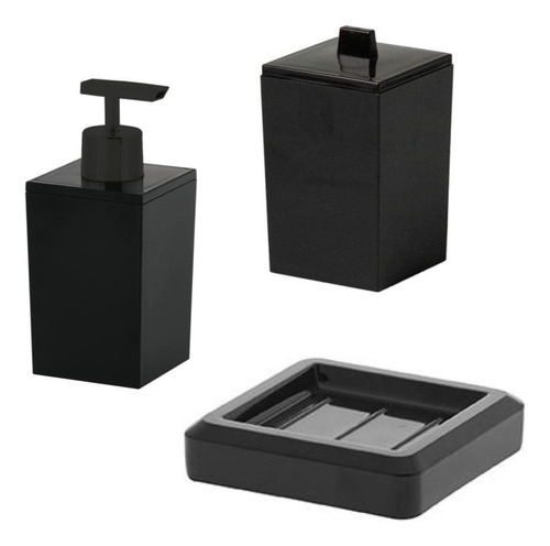 Kit Organizador Utensílios Banheiro Quadratta Preto 3 Peças