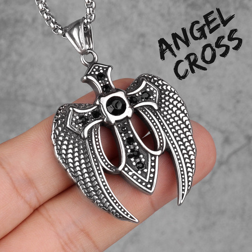 Imagen 2 de 4 de Collar Acero Inox Cruz Gotic Con Alas Negro