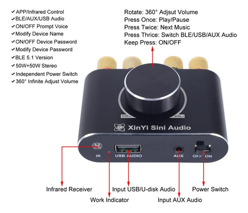 Amplificador Bluetooth 2x50w Rms Usb Auxiliar C/remoto Y App Negro 100 W