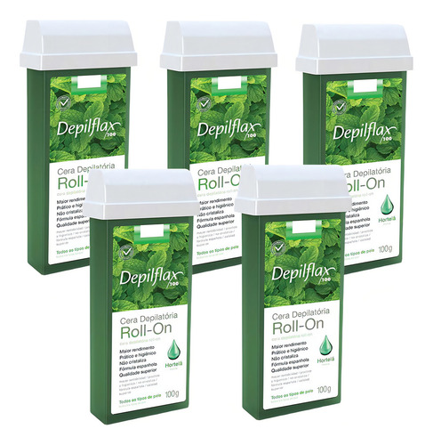 Kit 5 Refil Ceras Depilação Hortelã Roll On Depilflax 100g