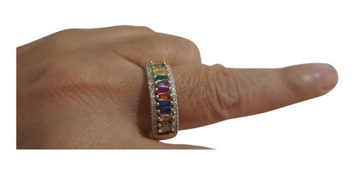 Anillo Plata 925 Triple M/ Sinfín Cubics Multicolor Baguette