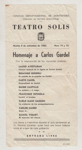 1960 Teatro Solis Programa De Homenaje A Carlos Gardel Raro