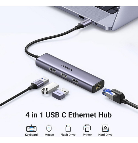 Hub 4 Em 1 Ugreen Usb Tipo-c Para 3* Usb 3.0 + Rj45 Ethernet