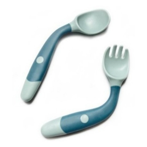 Set Cuchara Y Tenedor Silicona Flexible Para Bebe Azul