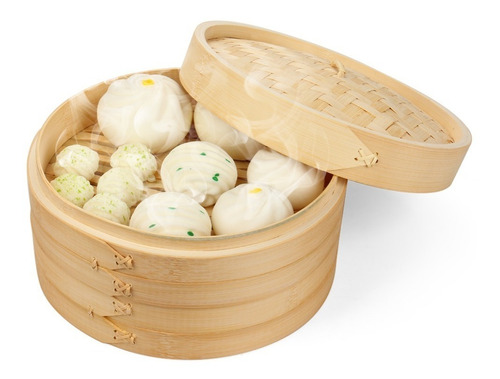Imagen 4 de 8 de Vaporera De Bambu 25cm 2 Pisos + Tapa Cocina Saludable