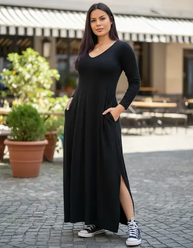 Vestido Gola  V Manga Longa
