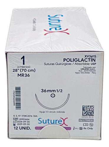 Sutura Pgla Vicryl 1-0 Ahusada 1/2 De 36mm Cj/12 Pz Suturex