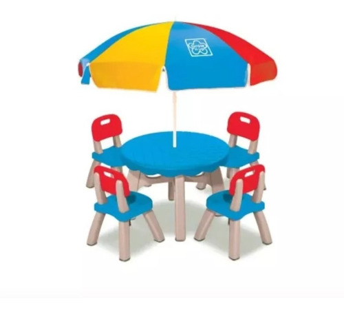 Imagen 2 de 7 de Mesa Picnic Niños Mesita 4 Bancas Y Sombrilla Multicolor