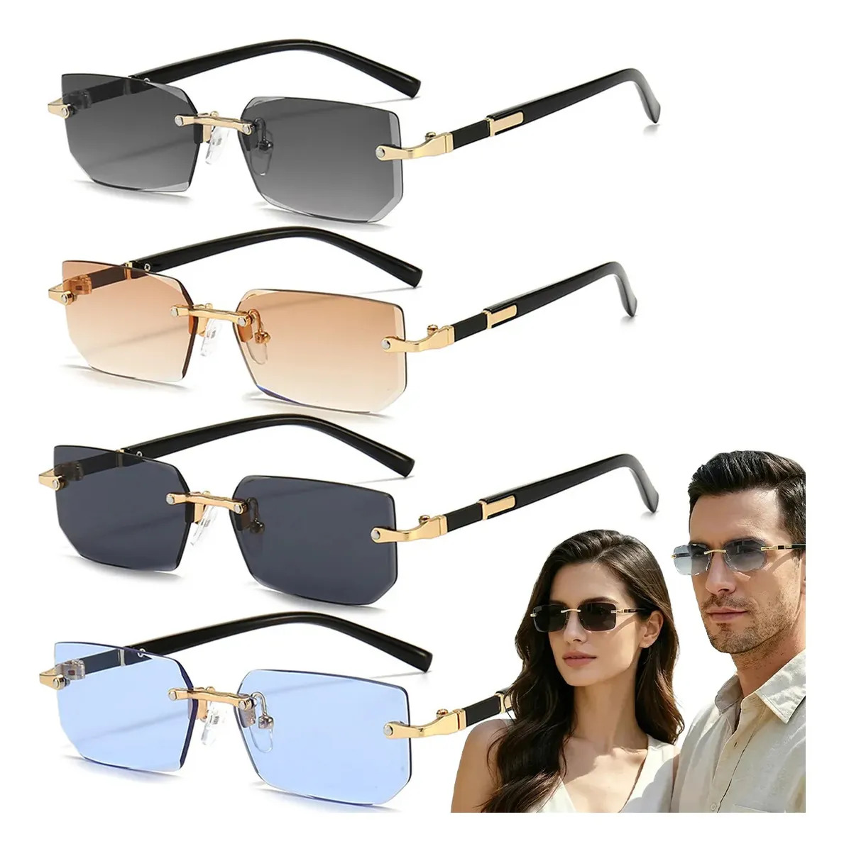 Kewezhu 4pzs Gafas De Sol Sí Polarizadas Rimless Metal Protección Anti-uv Moda Hombre Mujer