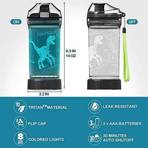 Botella De Agua Con Luz De Dinosaurio - 14 Oz Tritan Bpa