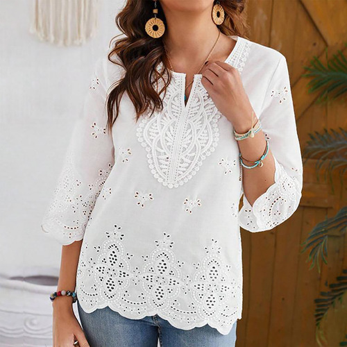 Camisa De Manga De Encaje Con Cuello En V Para Mujer