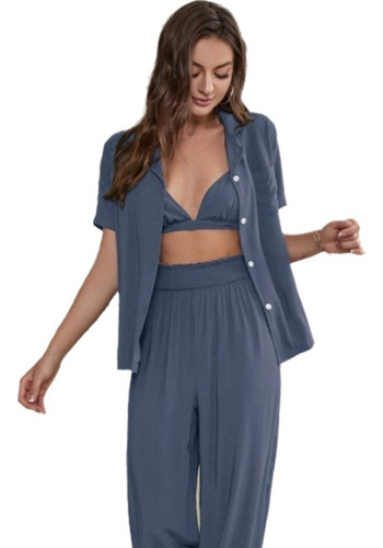 Conjunto De Pijama De Tres Piezas Tipo Cárdigan De Manga Cor