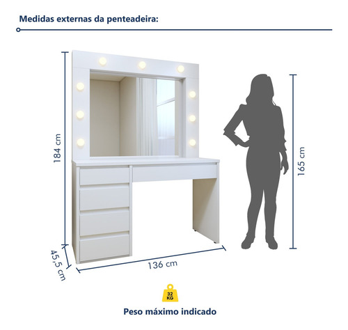 Penteadeira Camarim 100% Mdf 184 X 136cm Anne Wt