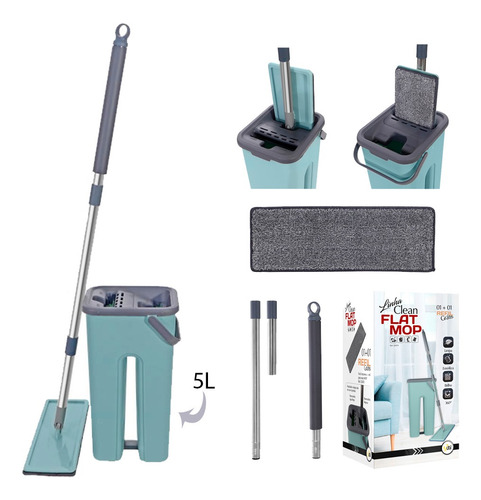 Imagem 4 de 6 de Rodo Mop Flat E Balde Para Limpeza De Piso + 1 Refil Brinde