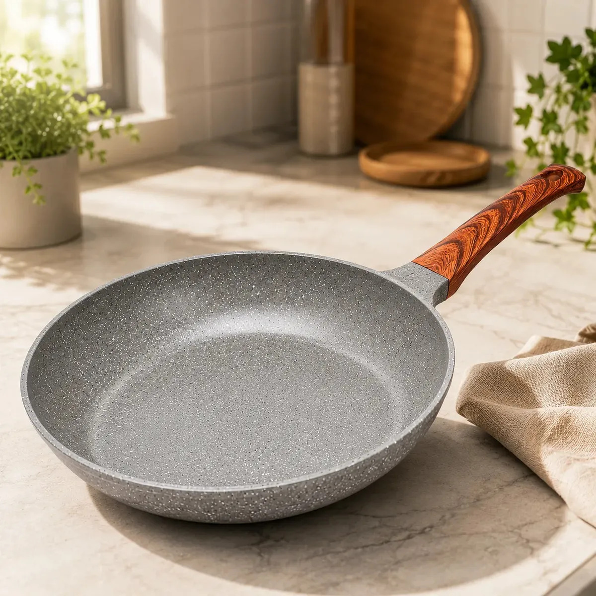 Frigideira Cerâmica Antiaderente 24cm Indução Cooktop Fogão a Gás Não Gruda Sem Óleo Cor Cinza Granito