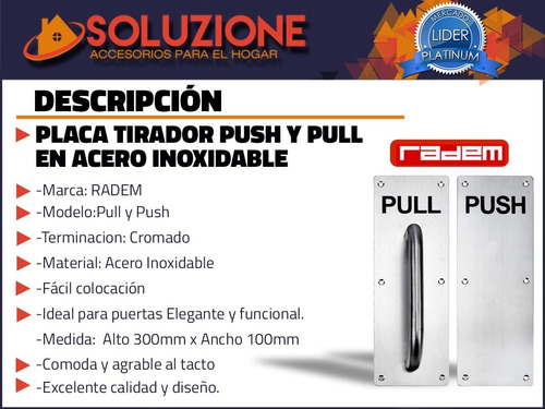 Imagen 3 de 10 de Placa Push Y Pull P/puertas Acero Inox 300 X 100mm Radem