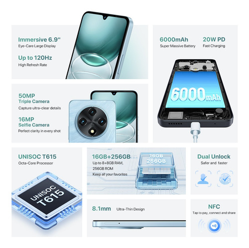 Smartphone Umidigi G100 Android 14, Nfc 6000 Mah, 6,9 Pulgadas, 120 Hz, Cuidado De Los Ojos, Unisoc T615, 6 Gb De Ram, 128 Gb De Rom, Cámara De 50 Mp,