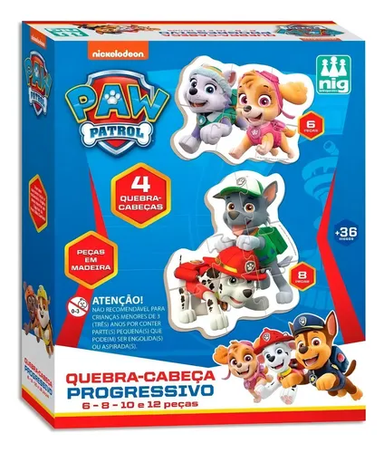 Kit 4 Quebra-Cabeças Progressivos Patrulha Canina 6, 8, 10 e 12 Peças em Madeira